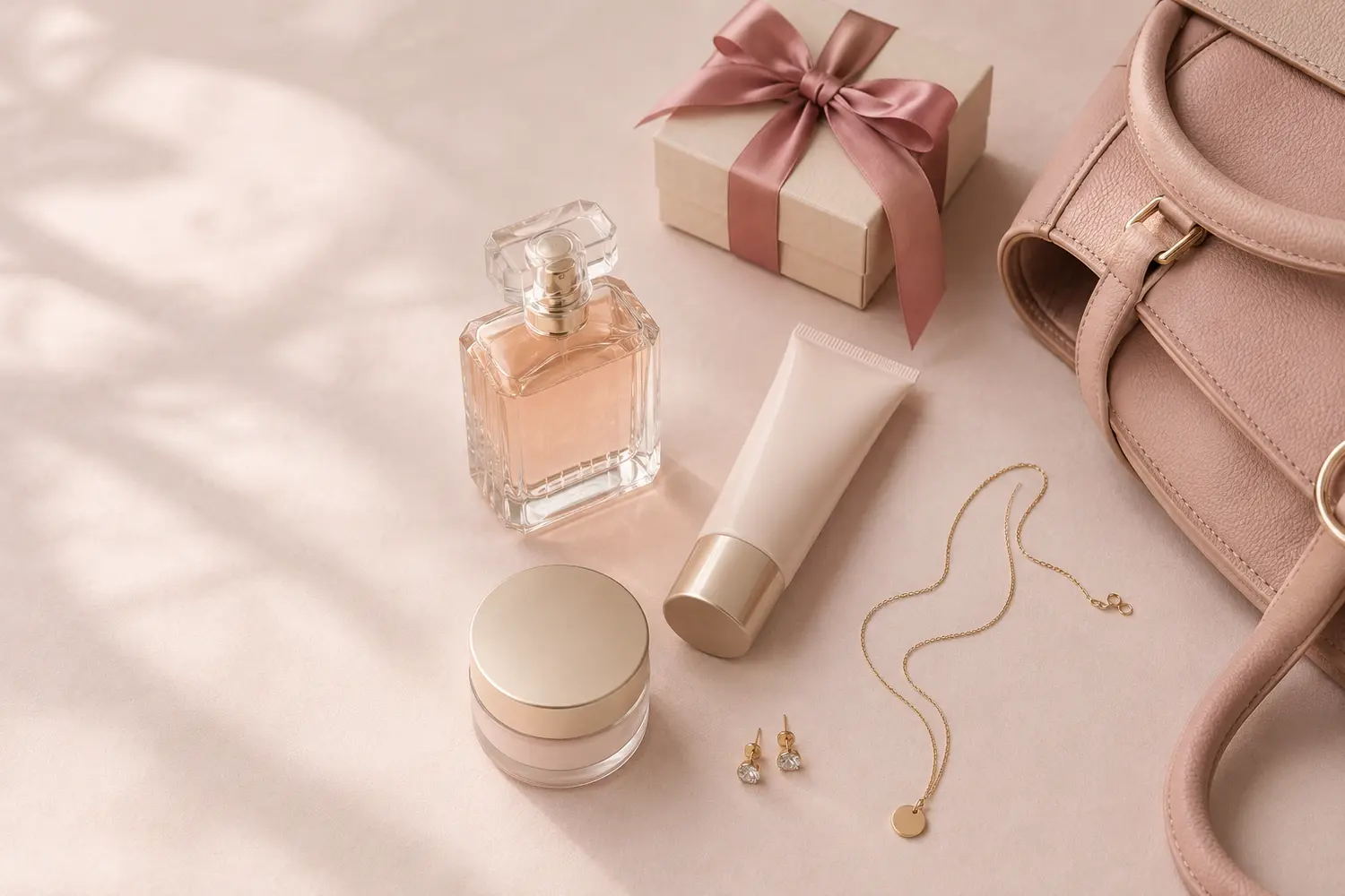 Beauty products, jewelry, a handbag, and a wrapped gift arranged on a blush surface